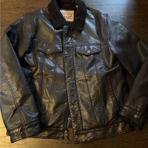 Levi's Black Leather Bomber Jacket with Shearling Collar